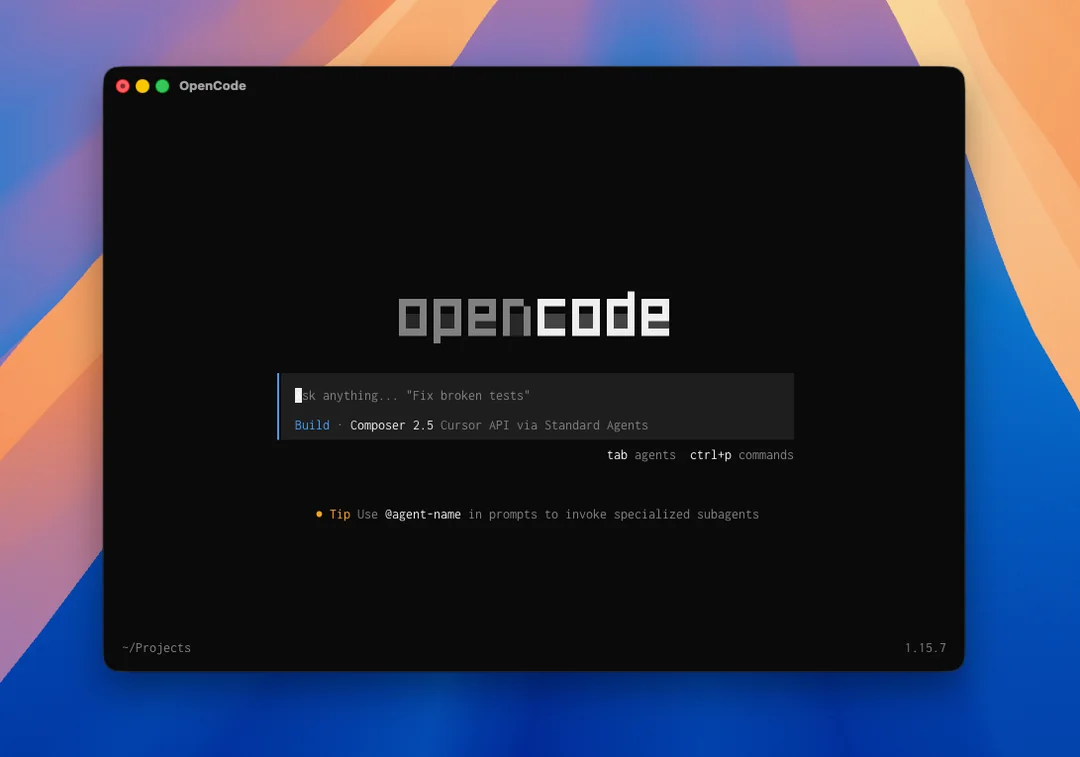 OpenCode running with Composer 2.5 selected through API for Cursor